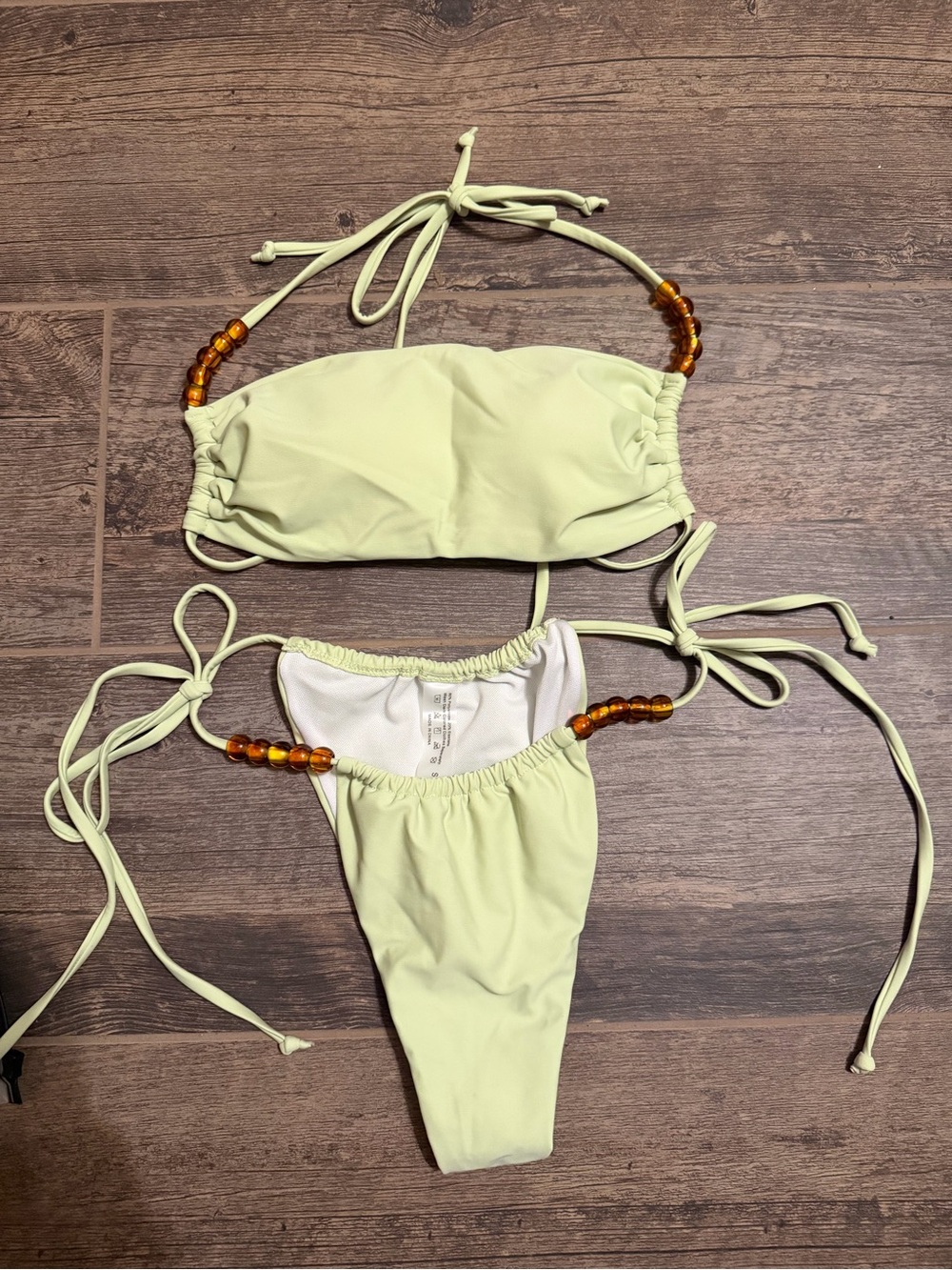 SHEIN Light Lime Green Beaded Bandeau Tie-Side Bikini Set